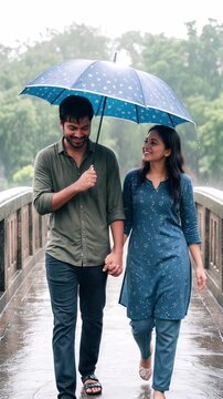 Happy South Asian couple walking on bridge during rain. Romantic stroll with blue umbrella in lush green park. Panning and tilting camera movement.
