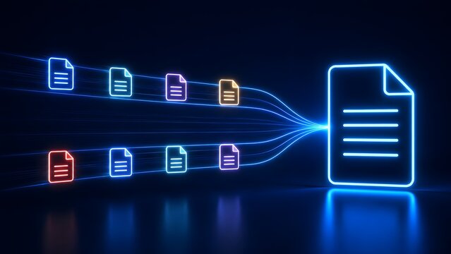 Fast digital data stream transferring multiple glowing document icons into a single organized file for high speed network information processing.