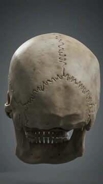 Rear view of a human skull showing cranial sutures and teeth anatomy