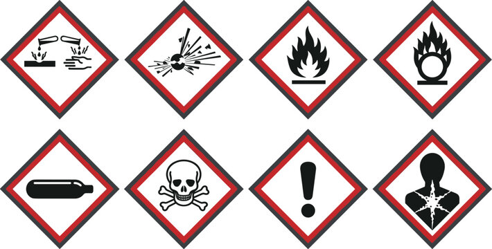 Chemical hazard warning icon set featuring globally harmonized system GHS pictograms including corrosive explosive flammable toxic gas cylinder and health hazard diamond signs