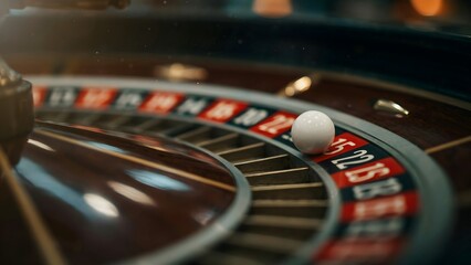 Obraz premium Roulette Wheel with a White Ball on a Casino Gaming Table