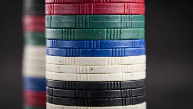Close-up of colorful poker chips stacked on dark background for gambling and casino concept