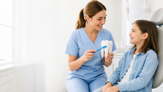 Friendly Dentist Teaching Child Brushing. Smile Advisor, Happy Girl, Dental Hygiene Education. Pediatric Oral Care Concept, Bright Office Interior.