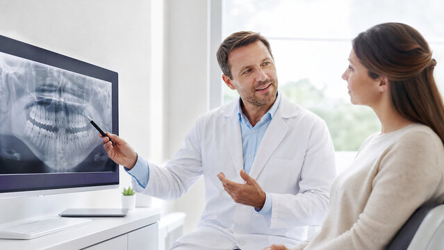 Dentist explaining oral x-ray to patient. Dental radiograph assessment. Doctor pointing at computer screen. Dental consultation. Caucasian male specialist