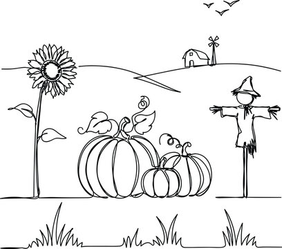 Continuous one line art drawing of autumn farm landscape with sunflower, pumpkins, and scarecrow vector illustration