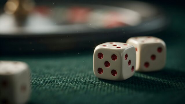 Close-up of two white game dice with red dots on green textured surface