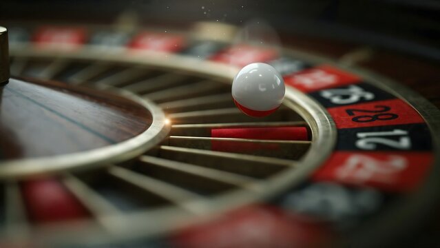 Close-up of a roulette wheel with a white ball in the betting area at a casino