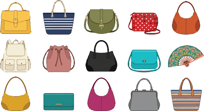Set of various women handbags and purses in flat vector illustration style for fashion design