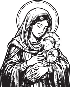 Black and white line of the virgin mary holding baby jesus with halos, religious also transparent background