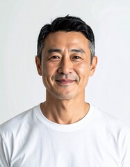 Fototapeta premium 白背景で撮影された40代アジア人男性のポートレート｜自然光・上半身・ミニマル
