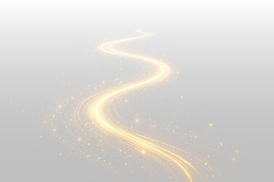 Winding golden light trail with sparkling glitter dust and glowing particles for magical path and future concept