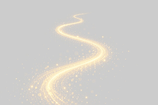 Golden glowing light road with sparkling particles leading into distance for success, journey and future concept