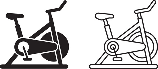 Naklejka premium Black and white silhouette and outline icons of indoor stationary exercise bikes for fitness and workout also transparent background