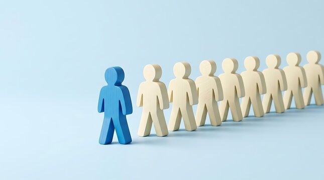 A single blue stylized human figure walks in front of a procession of identical beige figures, illustrating concepts of leadership and divergence.