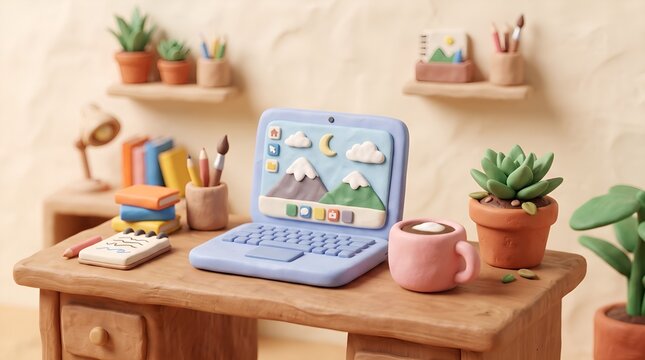 Claymation miniature office desk with laptop. Handmade plasticine workspace with tiny plants and coffee. Creative clay art studio scene.