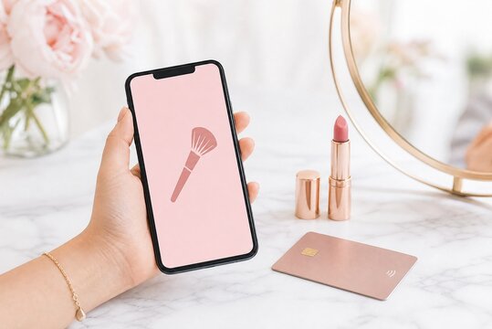 Modern smartphone with pink makeup app interface. Lifestyle beauty selfie concept. Rose gold lipstick and cosmetics on white marble desk with mirror and flowers. Feminine aesthetic mockup for