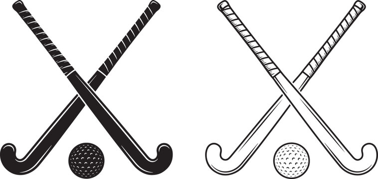 Black and white vintage of two crossed field hockey sticks with a dimpled ball below also transparent background