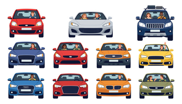 Car Front View Vector Set with Diverse People Driving Sedan SUV Convertible and Coupe Vehicles for Traffic Commute and Road Trip Designs