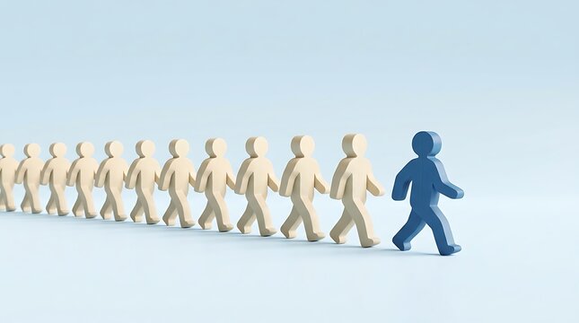 A lone blue figurine leads a line of identical beige figurines, symbolizing leadership and individuality in a group.