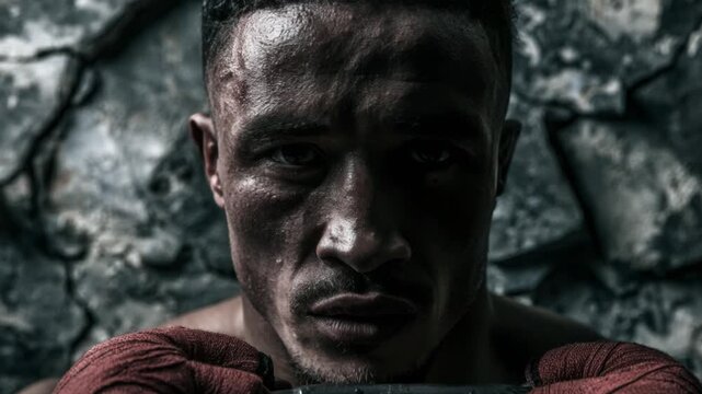 Intense boxer with sweat-drenched face and red hand wraps stares directly ahead