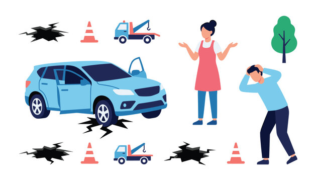 Car accident and roadside breakdown vector character set featuring a damaged vehicle pothole stressed driver tow truck and traffic cone elements