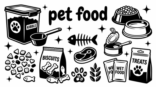 pet food essentials featuring dry kibble wet food treats biscuits feeding bowls cans scoops storage containers and nutritious ingredients vector illustration set for dogs cats household pets shops