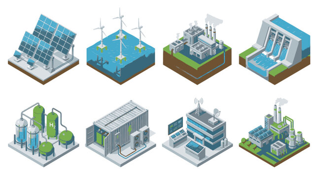 Collection of isometric illustrations representing various renewable and traditional energy sources and industrial facilities.