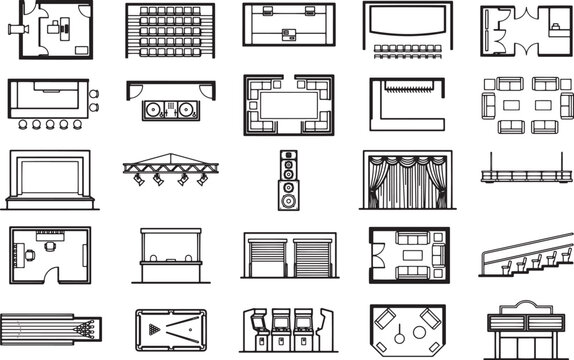 A collection of architectural floor plan icons representing various interior spaces and event layouts, including auditoriums, meeting rooms, lounges, and stage setups, presented in a clean.