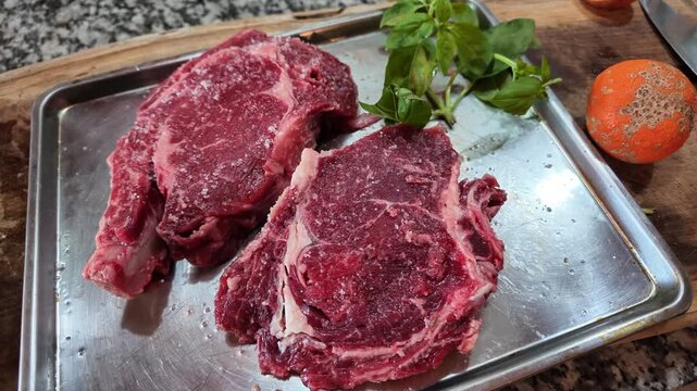 Close Up Seasoned Raw Ribeye Beef Steaks Ready For Grill Kitchen Table