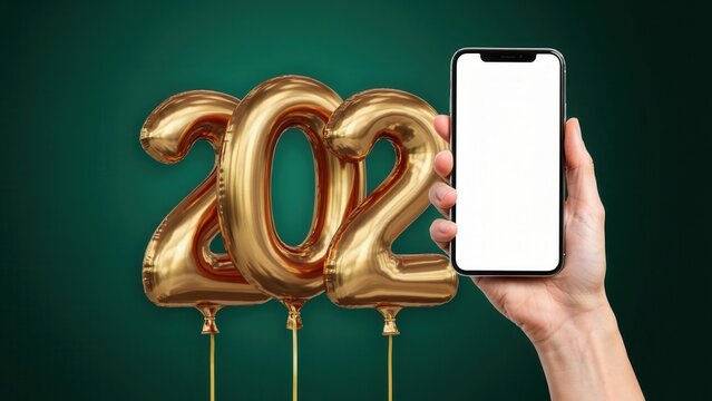 Hand holding smartphone with blank screen and 202 balloons