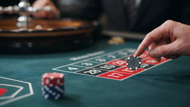 Close-up of hand placing chip on a green blackjack table during casino gaming