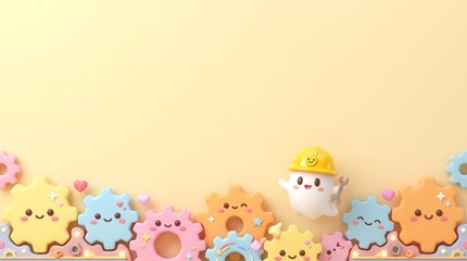 Fototapeta premium industrial background featuring a cute ghost wearing a hard hat with gear wheels and ample pastel yellow copy space.