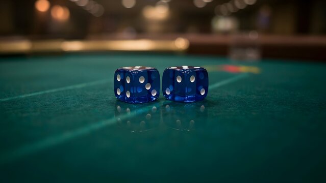 Two blue dice with white dots on a green gaming table in a casino environment