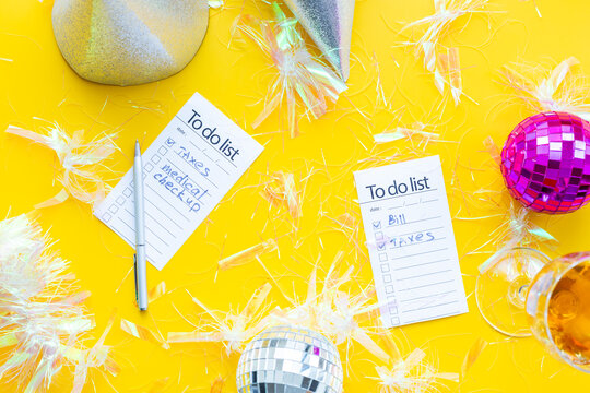 Work with fun. To do lists with confetti and disco balls. Admin night party concept