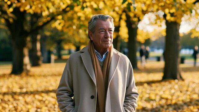 Smiling Elderly Caucasian Man Standing In Autumn Park With Yellow Leaves, Happy Retirement Concept