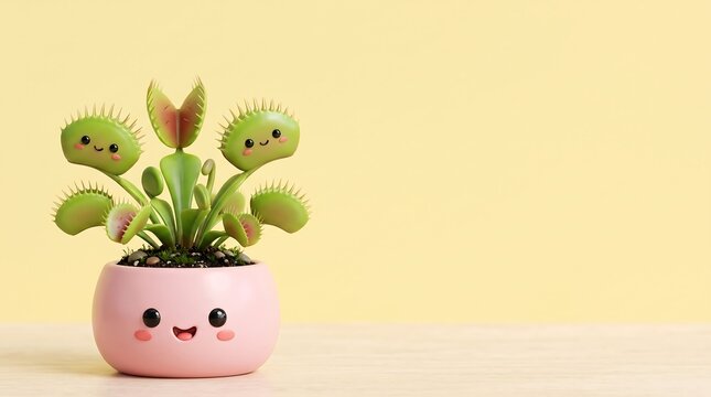 botanical background featuring a cute Venus flytrap plant in a smiling pastel pink pot with large yellow copy space.