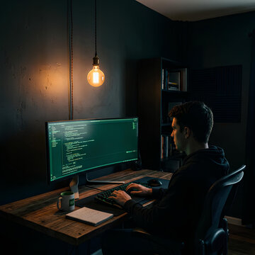 Young man coding on computer in dark room illuminated by desk lamp