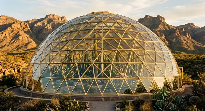 Modern geodesic glass dome greenhouse in desert with cacti and mountain view