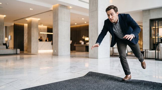 Man tripping over rug in hotel lobby. Businessman stumbling on carpet and losing balance. Workplace hazard, accident at office or hotel, fall prevention and safety risk concept.