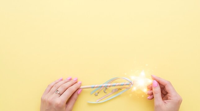 minimalist flatlay featuring cute witch hands holding a magic wand with ample pastel yellow copy space.