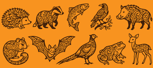 Naklejka premium Long Title: Set of Woodland Animals and Forest Wildlife with Detailed Ornate Floral Patterns in Brown Silhouette Style on Orange Background