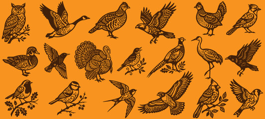Naklejka premium Comprehensive Collection of Various Forest and Migratory Birds Decorated with Detailed Ornate Patterns in Brown Silhouette Style on Orange