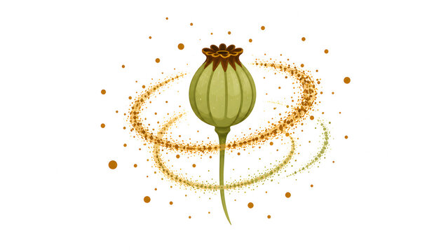 Green poppy seed pod with swirling golden glitter particles and sparkling magic dust, commercial graphic vector illustration isolated on white background