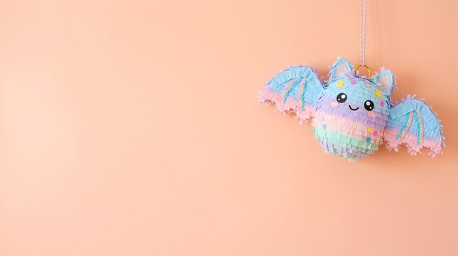 cultural background featuring a cute pastel bat-shaped pinata with ample smooth peach copy space.