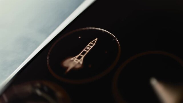 Rocket launch symbol glows on circular command button