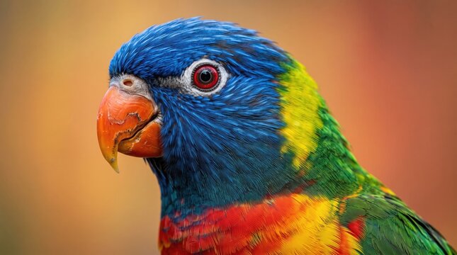 Closeup portrait of a colorful rainbow lorikeet bird with vibrant blue, green, yellow, and red feathers against a blurred background