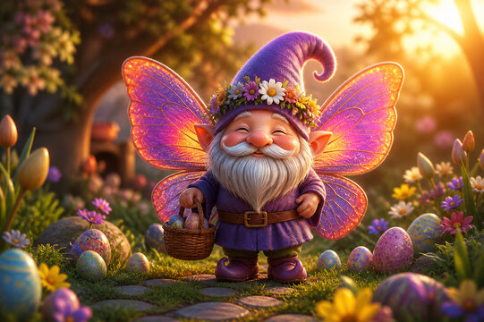 Cute 3D chibi Easter illustration of gnome as easter butterfly, with polished lighting, detailed textures and festive seasonal styling for creative commercial use.
