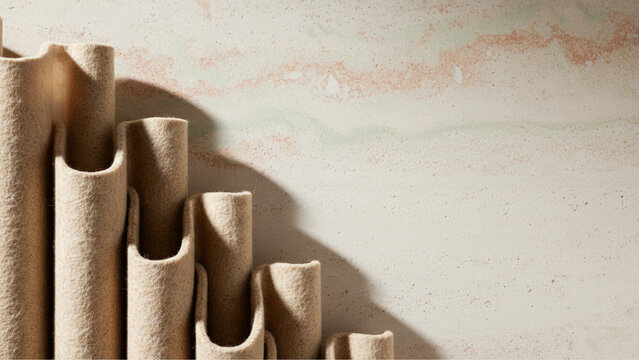 Minimalist ceramic sculpture on marble background, abstract clay art installation, neutral stone texture for interior design concept