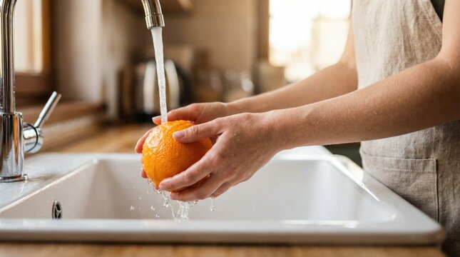 A person holds an orange while rinsing it under water in a kitchen sink. Nearby, kitchen items are visible. It is daytime