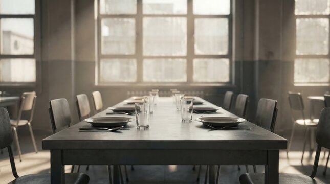 A long table is arranged with plates and glasses in a bright room with large windows. Sunlight streams in, creating a warm atmosphere